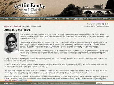 Example of obituaries page