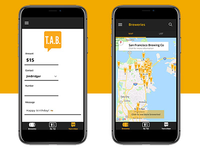 Example of mobile app map and tab screens