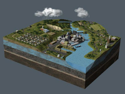 3D section of the world showing large and small water systems
